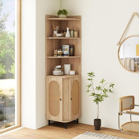COSTWAY Etagere d’Angle, Bibliotheque Angle Rotin PE avec Porte Cannge, Meuble Angle Cannge 4 Étageres, Pied en Métal, Armorie Angle Double Porte pour Recoin, 40 x 40 x 172 cm (1/4)