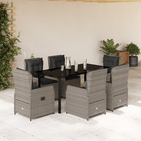 Set comedor jardín 7 pzas y cojines ratán sintético gris claro