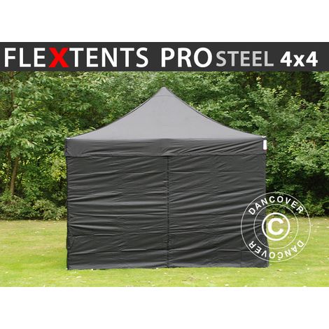 Pop up gazebo FleXtents PRO Steel 4x4 m Black, incl. 4 sidewalls