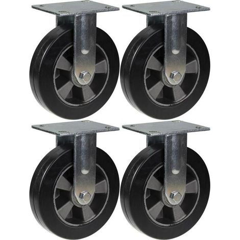 Roulettes - Materiel chantier - 200 mm - Caoutchouc noir - Fixe - Ensemble de 4 (1/4)