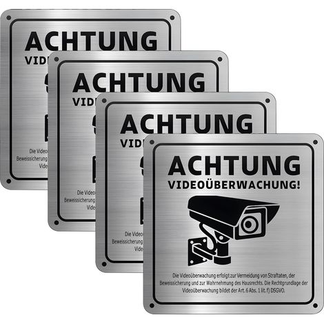 Argent Pancarte Video Surveillance,4 Pièces Trous Pré Percés et Dos Adhésif Panneau Camera Surveillance,Alliage d'Aluminium Robuste et Durable,Pour Immeubles d'Habitation (1/5)