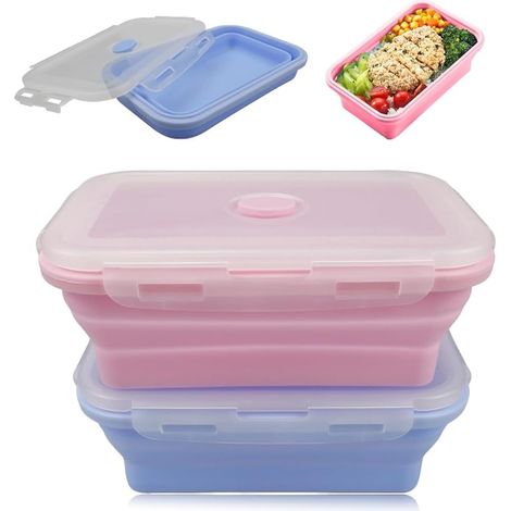 Lot de 2 boîtes de conservation alimentaires pliables en silicone, 800 ml, boîte à déjeuner pliable pour congélateur et lave-vaisselle (rose bleu) (1/5)