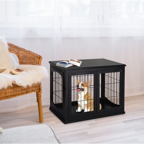 Cuccia per cane con piano superiore, kennel da interno in MDF e metallo, nera, 81 x 58,5 x 66 cm (1/5)