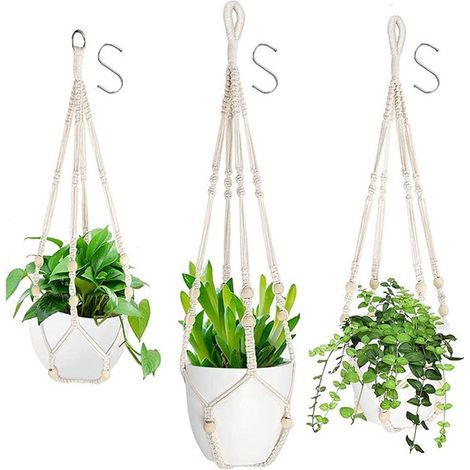 3 macetas colgantes，colgador de plantas de macramé con cuerda de algodón y ganchos para colgar，soporte para macetas de pared para patio (1/5)