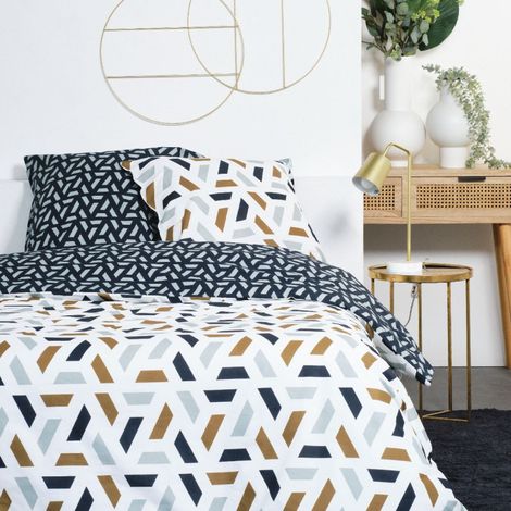 Parure de lit double réversible "Sunshine" en coton imprimé géométrique - Bleu/Blanc/Bronze - 240 x 220 cm - Livraison gratuite (1/3)
