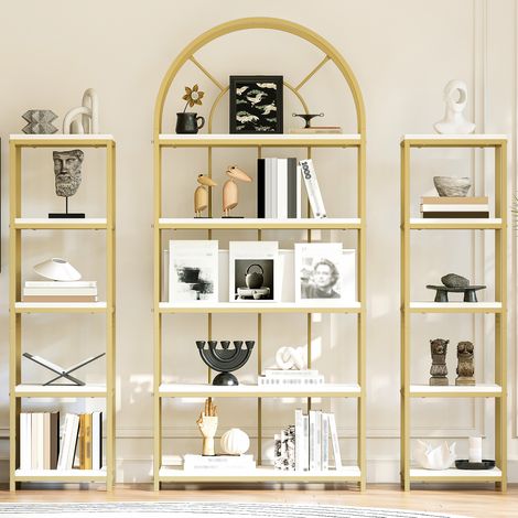 Ensemble étagères 163×30×184 cm cadre métal doré,étagères MDF blanc 3 pièces arc. Vitrine d’exposition pour salon,cuisine et bureau.