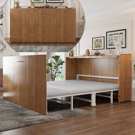 Schrankbett 140x200 cm ausziehbar mit Matratze, platzsparendes Klappbett Gästebett mit Rollen und Metallgestell, Weiß/Holzfarbe (1/5)