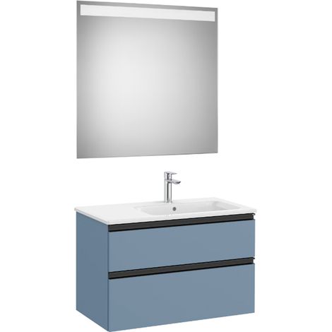 Pack meuble "The Gap" 800 - 2 tiroirs + lavabo slim droite + miroir LED- bleu mat/ poignées noires - Roca (1/2)