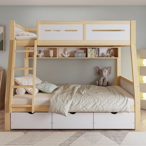 Lit superposé enfant 90x200 & 120x200 pin blanc naturel, rangements tiroirs + bureau 2m, barrière sécurité (sans Matelas) (1/5)
