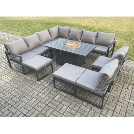 Fimous Aluminium 11 Seater Lounge Corner Sofa Outdoor Garden Furniture Sets Gas Fire Pit Dining Table Set with 2 Big Footstools Dark Grey (1/5)
