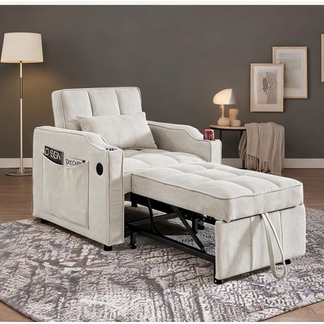 Canapé convertible 190 cm beige avec ports USB et porte-gobelet (1/5)