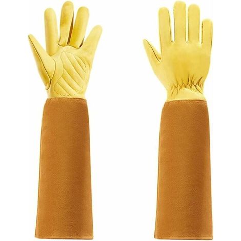 [NON UTILIZZATO] (Colore: Giallo, Taglia: L) Guanti da giardinaggio per uomo e donna, guanti da cucina, in pelle bovina con protezione lunga per l'avambraccio