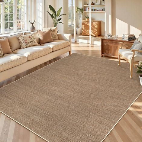 200 x 290 cm, aspect jute, pour intérieur/extérieur, tapis moderne uni avec dessous antidérapant, lavable, à poils plats, tapis décoratif neutre pour salon, chambre à coucher, marron chaud (1/5)
