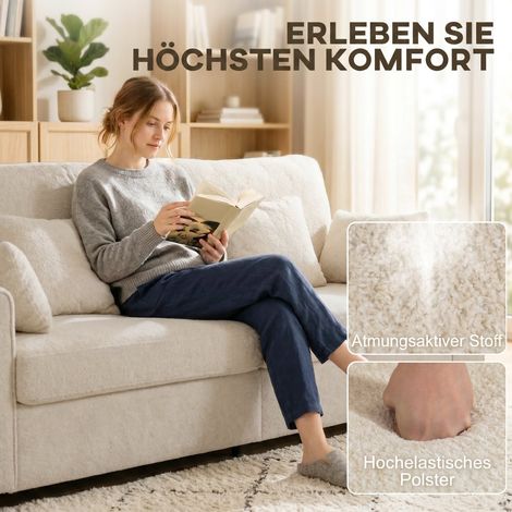 Canapé 3 places beige velours Raindrop, assise spacieuse, coussins plume, larges accoudoirs, 4 coussins inclus.