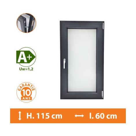 Direct Fenêtres – Fenêtre PVC 1 vantail oscillo-battante gris anthracite – H.115 x l.60 cm – Double vitrage 4/16/4 avec gaz argon – Isolation thermique Uw 1,2 (1/5)