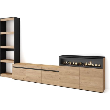 Skraut Home – Ensemble meuble TV moderne avec cheminée électrique – Dimensions 310x35x186cm – Pour TV jusqu'à 65" – Chêne et noir