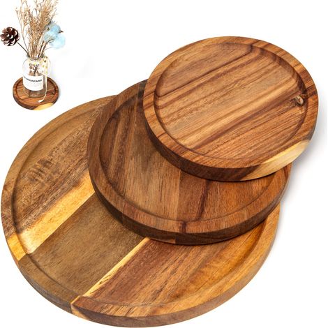 3 Pièces Plateau Rond en Bois D'acacia Plateau de Service Plateau en Bois Naturel Plateau Décoratif en Bois Plateau Decoratif Table pour Le Pain,Les Boissons (Cercle) (1/5)