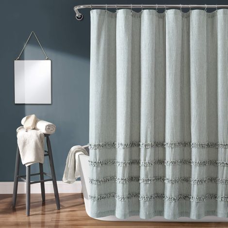 Rideau de Douche Vintage en Coton Teint à Rayures Bleu Jean 72 x 72 cm (1/5)