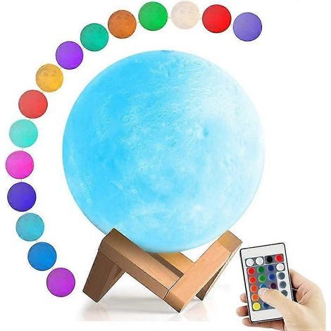 Lampe Lune, 16 couleurs LED, avec support, télécommande, commandes tactiles et batterie rechargeable USB.