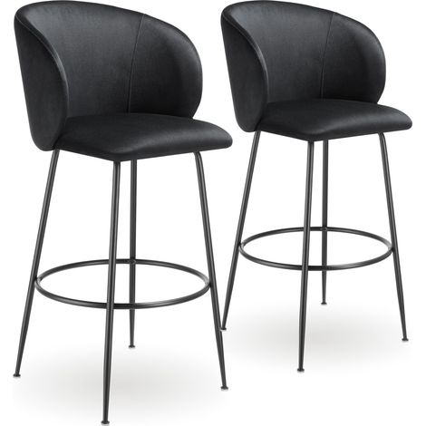 Lot 2 tabourets de bar rembourrés avec dossier aspect velours noir