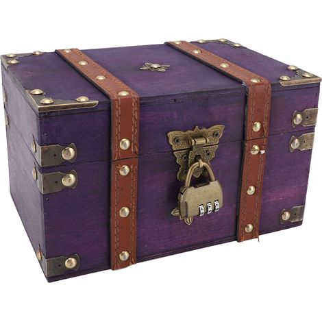 Coffre trésor bois rétro rectangulaire avec serrure, boîte rangement bijoux artisanale déco violette 22x15x13cm, 1 coffre + 1 serrure (1/5)