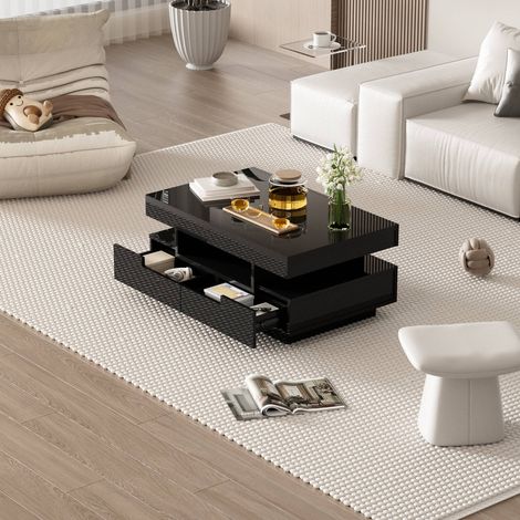 Table basse laquée brillante avec LED, 4 tiroirs avantarrière, grand espace de rangement (1/5)