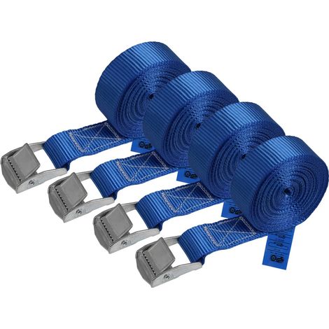 Correa de amarre, correa de tensión, correa de sujeción, cierre de abrazadera, carga hasta 250 kg, DIN EN 12195-2, correa de sujeción azul, varias longitudes, juego de 4, 2,5 cm x 4 m