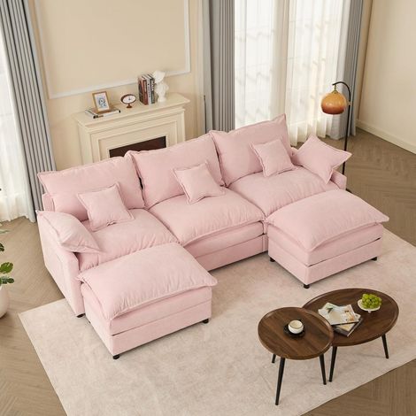 U-förmiges Modulsofa 3-Sitzer Ecksofa mit Hocker, Chenille, Hellrosa (1/5)