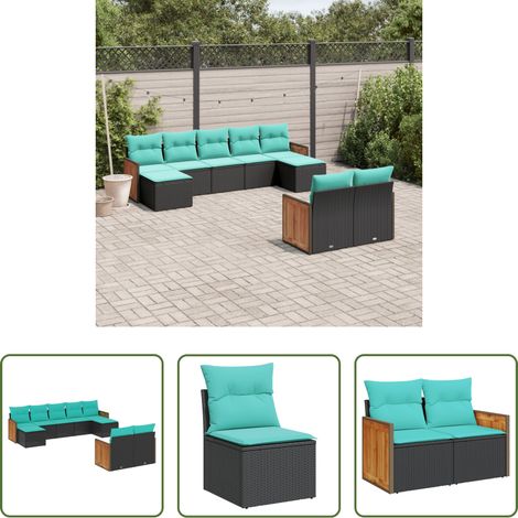 Gartenmöbel - 9-teiliges Gartensofa-Set mit Kissen, schwarzes Polyrattan (1/5)