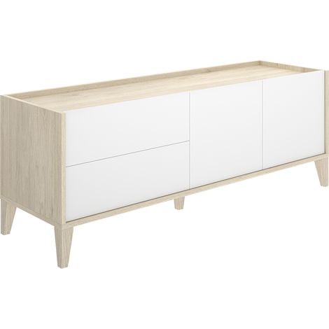 Meuble TV bas avec 2 tiroirs et 2 portes battantes, coloris naturel/blanc - Hauteur 50,1 x Longueur 129 x Profondeur 39,2 cm (1/5)
