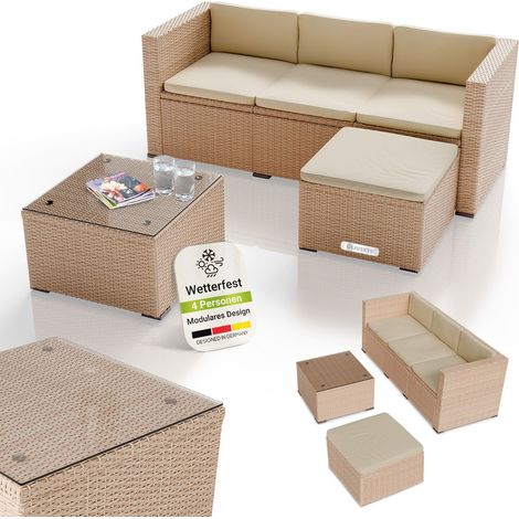 Juskys Polyrattan Lounge Punta Cana M – Sitzgruppe für 3-4 Personen – Creme – Gartenmöbel Set / Gartenlounge mit Sofa, Tisch & Hocker