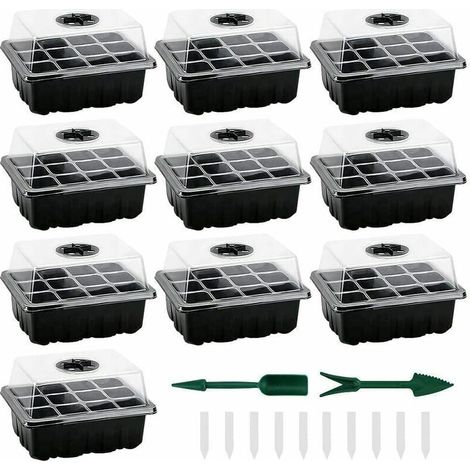 Mini serres pour semis, lot de 10 mini serres pour plantes avec 120 alvéoles, plateau et couvercle inclus, plateaux de semis d'intérieur durables pour la culture de graines et le démarrage des plantes