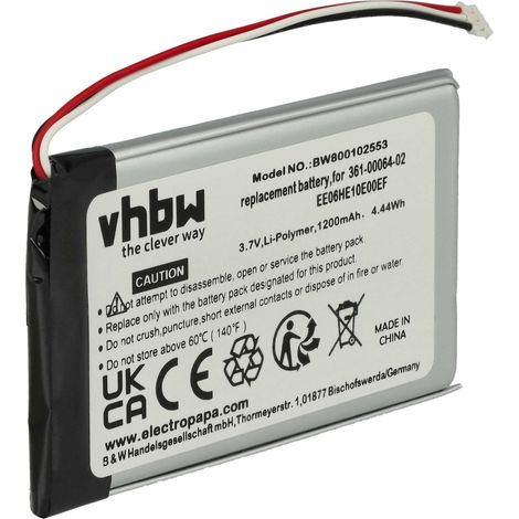 vhbw Battery Replacement for Garmin EE06HE10E00EF, 361-00064-02 for GPS Navigation System Sat Nav (1200mAh, 3.7 V, Li-polymer)