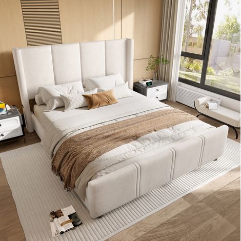 MEUBLIV Lit 140x200 cm beige – tête et pied hauts, USB/Type, sans matelas (1/5)