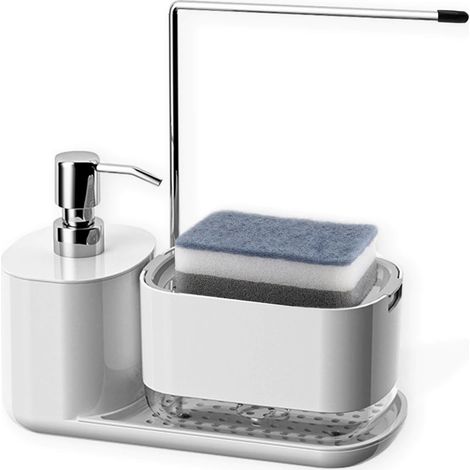 Distributeur de liquide vaisselle avec plateau et porte-éponge, distributeur de liquide vaisselle et de savon pour les mains, organisateur de comptoir de cuisine 4 en 1 (1/4)