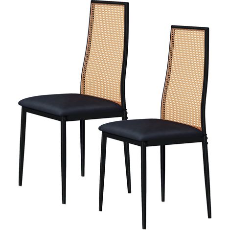 Set di 2 sedie da pranzo, schienale alto in rattan intrecciato, design ergonomico, seduta imbottita, gambe regolabili, adatte per sala da pranzo e soggiorno - Nero