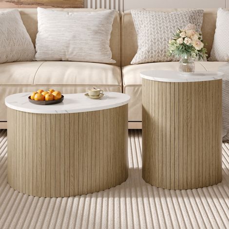 Set de 2 mesas de centro, diseño curvo, efecto mármol y madera, MDF, natural y blanco (1/5)