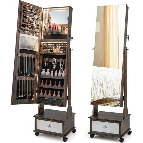 Organisation et Coiffeuse Armoire à Bijoux Mobile Grand Miroir 3 Couleurs LED Serrure pour Chambre Dressing Marron (1/5)