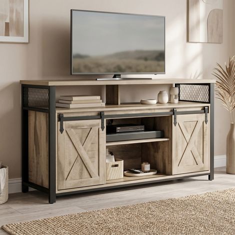 Meuble TV Industriel avec Portes Coulissantes et Rangement 135 x 40 x 76 cm Beige et Noir (1/5)