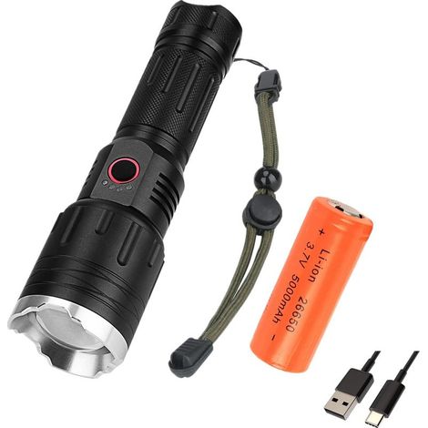 Lampe de Poche Haute Puissance Rechargeable, Torche Tactique Super Lumineuse de 20000 Lumens avec 3 Modes, Zoomable, Lampes de Poche étanches IPX6 pour l'extérieur, Camping, Randonnée, Urgences (1/5)