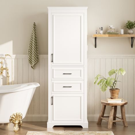 Colonne de salle de bain 60x40x180 cm blanche en MDF, 2 tiroirs, 2 placards, 4 niches, étagères réglables, soft-close