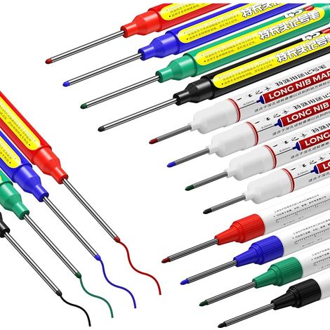 Lot de 12 marqueurs pour trous profonds en métal - 45, 32 et 20 mm - Pointe extra longue - Étanche - Pour bois, plastique, mur, métal (rouge, noir, bleu, vert) (1/5)