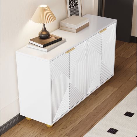 REDOM - Aparador 120x35x71.5 cm, 4 puertas grabadas, estantes interiores ajustables, tiradores dorados, MDF blanco (1/5)