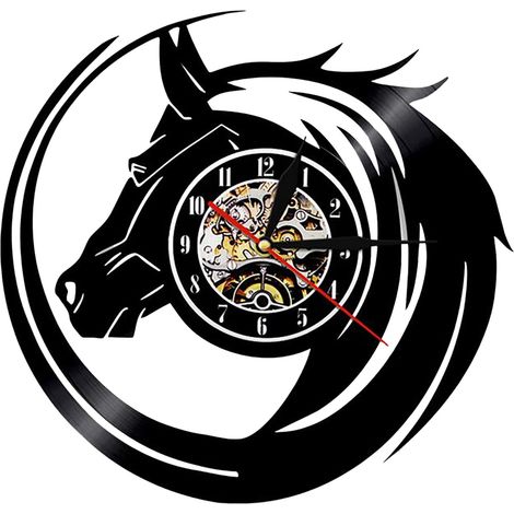 Horloge Murale Forme Tête De Cheval - Disque Vinyle Recyclé - Mécanisme Silencieux - Éclairage LED Réglable - Pour Intérieur Extérieur - 1 Pièce (1/5)