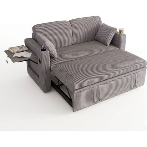 ELVMI Sofá cama convertible con respaldo ajustable, mesa plegable, portavasos, bolsillo lateral, en pana gris (1/5)