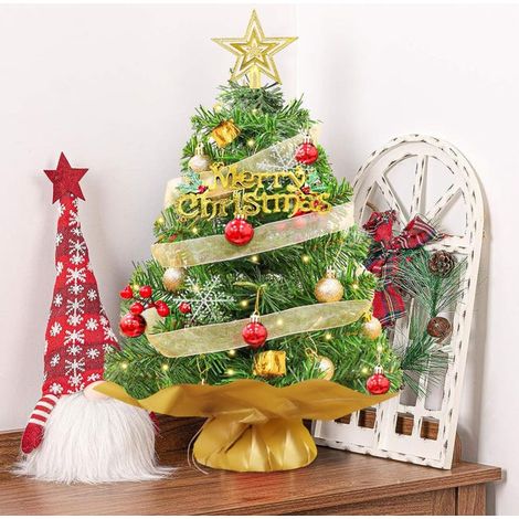 Árbol de Navidad artificial de 45 cm con luces LED, pequeño árbol de Navidad de mesa con adornos colgantes, decoración navideña. (1/5)