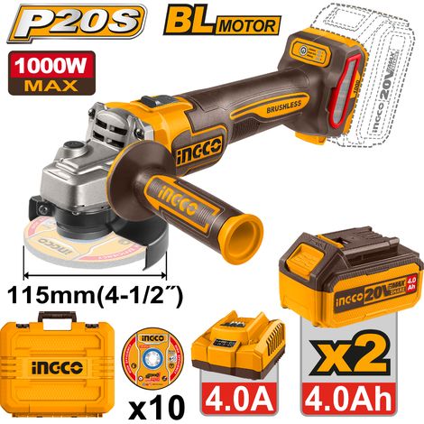 INGCO AMOLADORA 20V.2 BATERIA 4.0AH +CARGADOR 4.0A+10 DISCOS