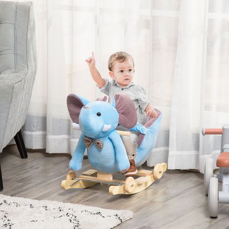 Cheval Bascule Roues Forme Éléphant Bébés Musique Article Enfant +18 mois Bleu 60x35x45cm