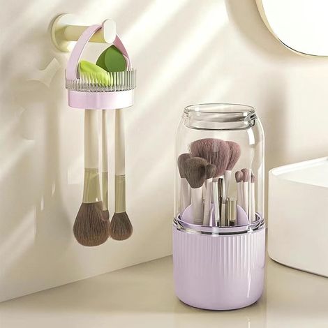 Porta pennelli per trucco girevole a 360°, contenitore per cosmetici in plastica viola con funzioni di pulizia e asciugatura, ideale per scrivanie e bagni. (1/4)
