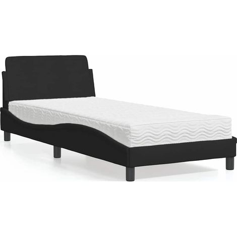 Lit 90 x 200 cm avec matelas en mousse, tissu noir, tête de lit et sommier à lattes - PANGIVO (1/5)